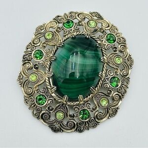 Silver Tone Green Faux Stone Filigree Brooch Pin Gemstone